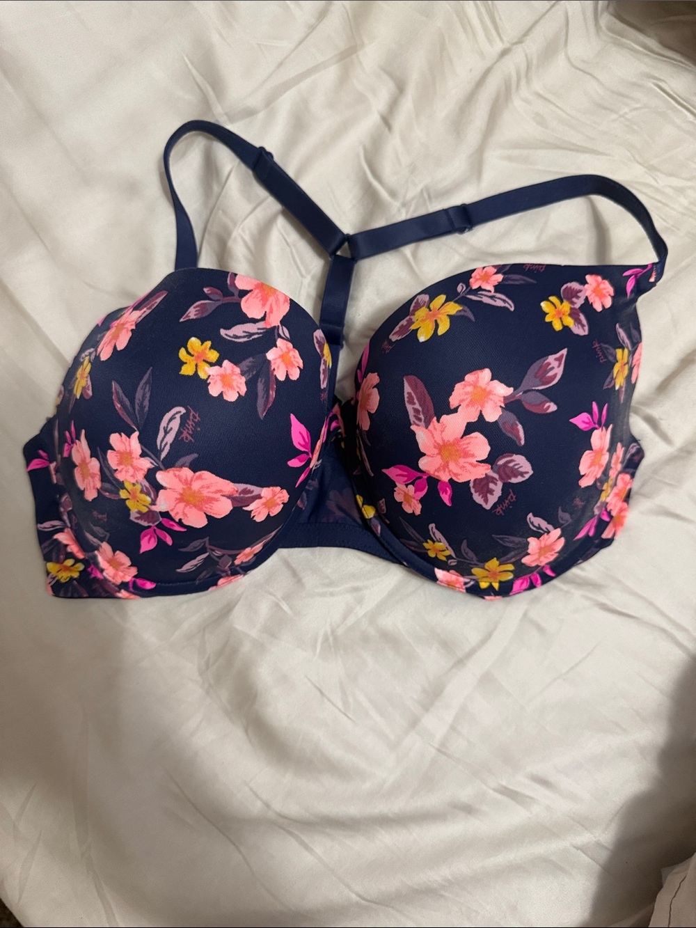 Victoria's Secret Navy Floral T-Shirt Bra with Pink & Yellow Accents